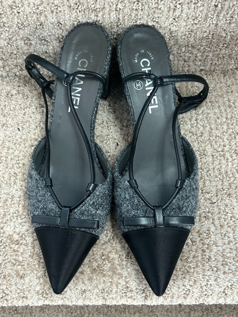 Vintage Chanel slingback cap toe pointy toe tweed gray and black heel 38.5 sz 8 - Picture 11 of 15